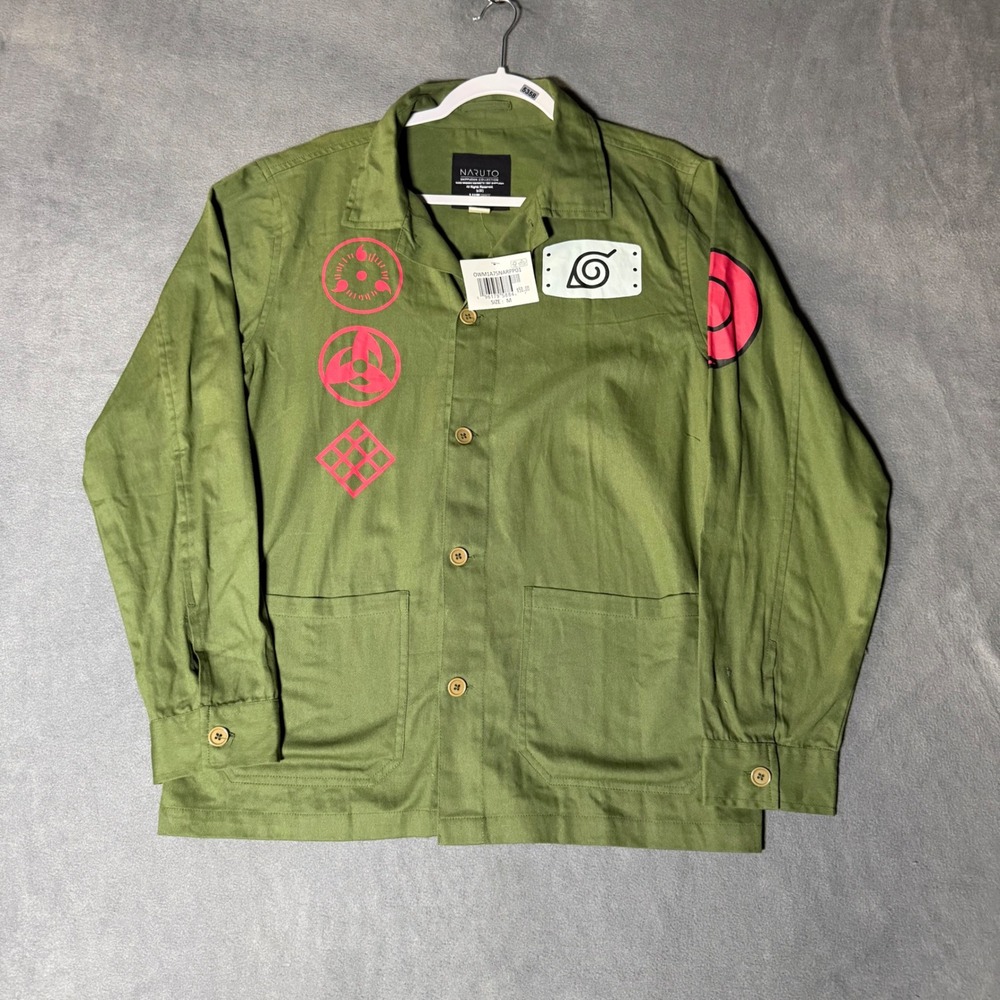 Naruto Shippuden Olive Green Utility Jacket Sharingan Graphic Mens Size M NEW
